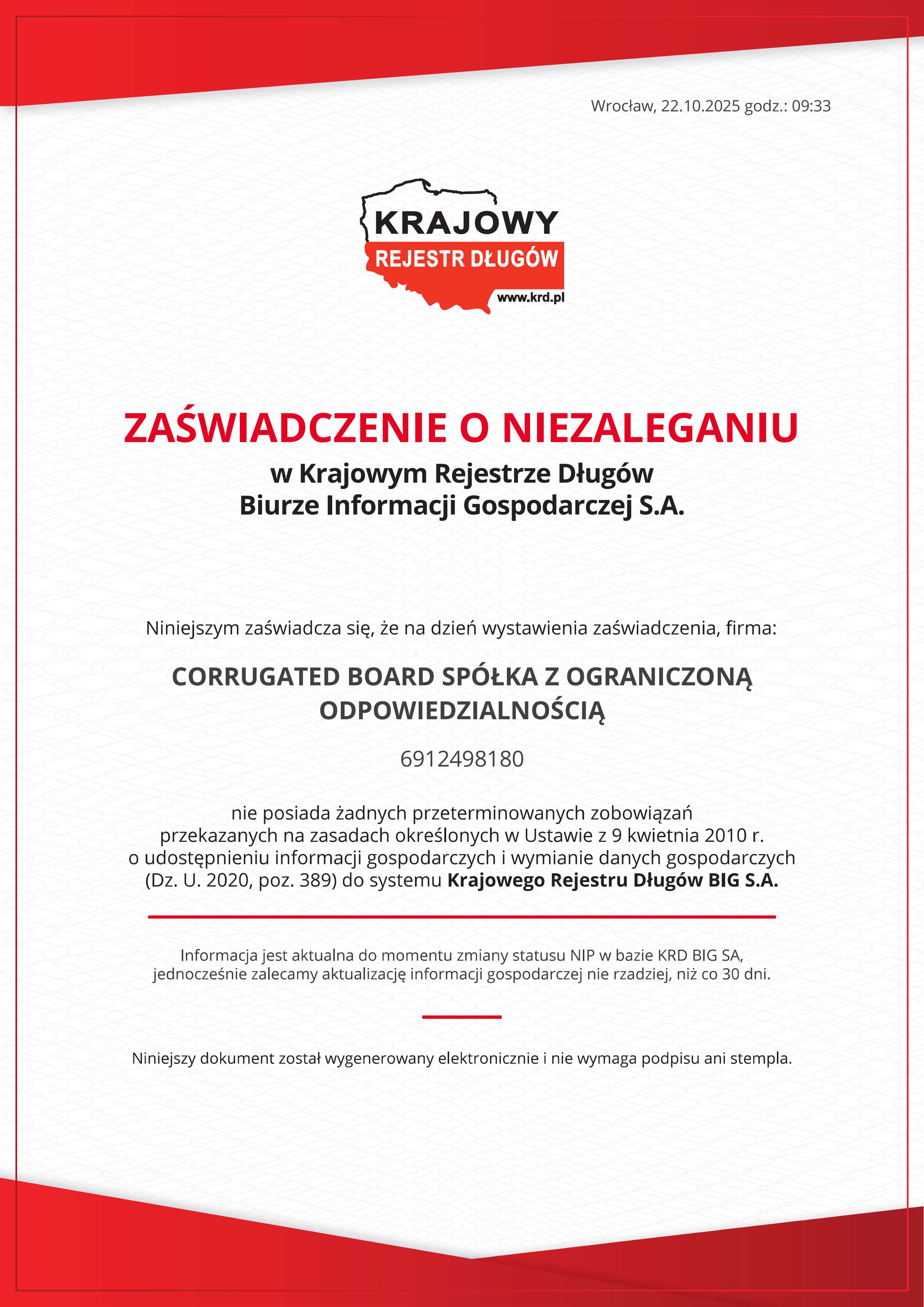 Zaświadczenie o niezaleganiu w KRD